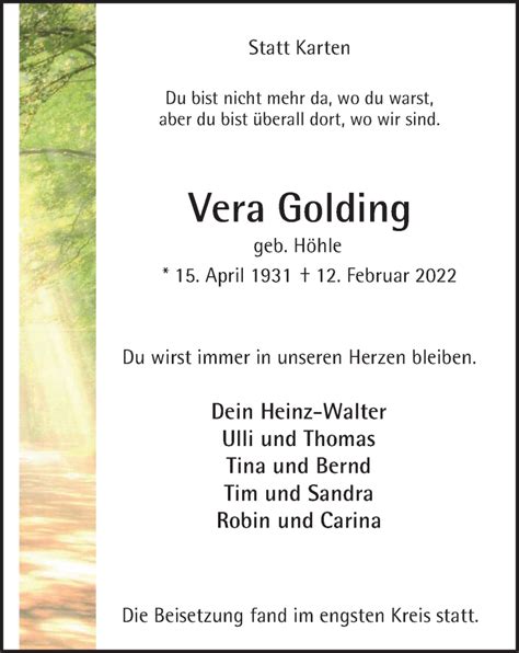 Traueranzeigen Von Vera Golding Trauer In Nrw De