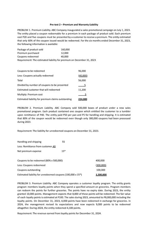 Premium And Warranty Liability Pre Test 2 Premium And Warranty