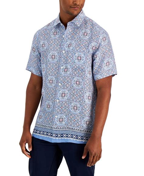 Club Room Mens Geometric Medallion 100 Linen Short Sleeve Button Up