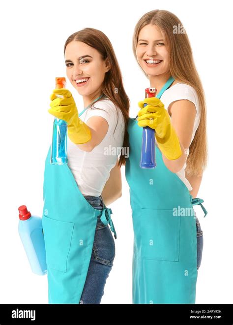 Female Janitors On White Background Stock Photo Alamy