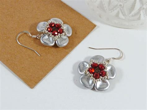 Red Silver Flower Earrings Flower Petal Earrings Gift For Mum Red