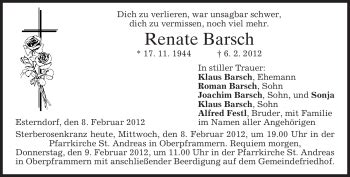 Traueranzeigen Von Renate Barsch Trauer Merkur De