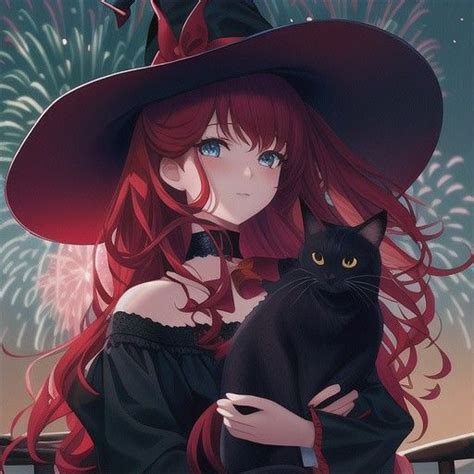 A Woman With Red Hair Wearing A Witches Hat And Holding A Black Cat In