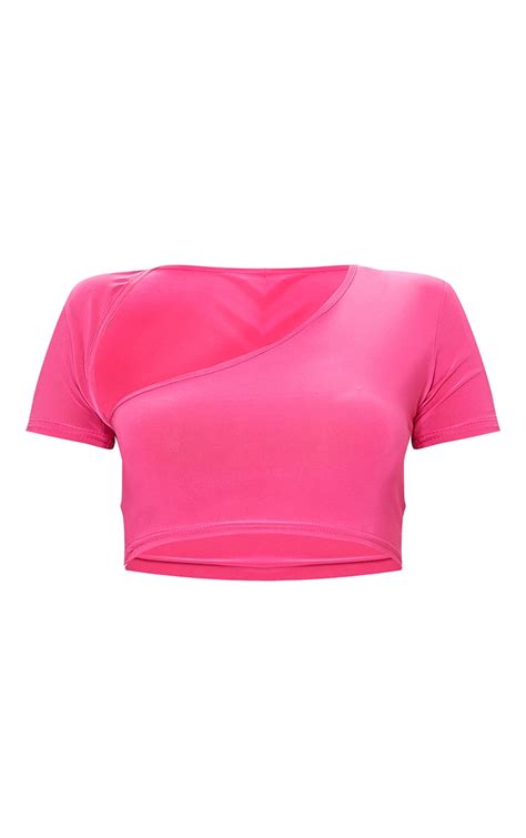 Hot Pink Slinky Asymmetric Short Sleeve Crop Top Prettylittlething Ca