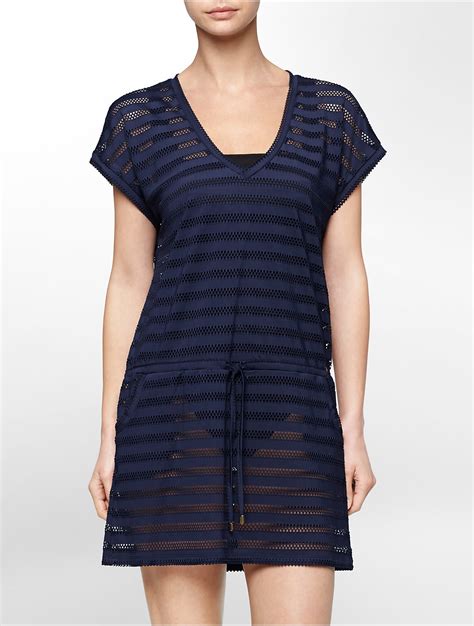 Lyst Calvin Klein White Label Mesh Stripe Cover Up In Blue