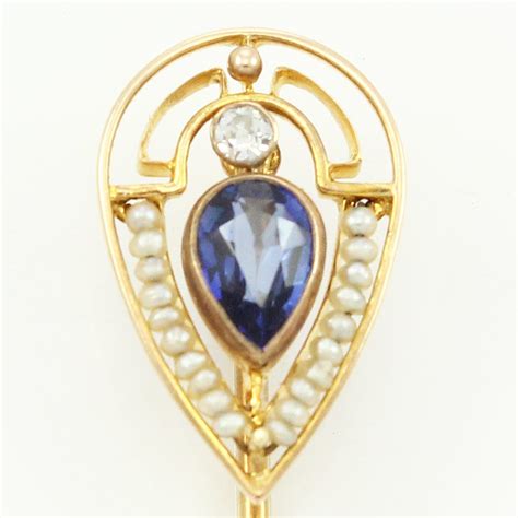 Edwardian 14k Stick Pin Created Sapphire Seed Pearls Yellow Gold