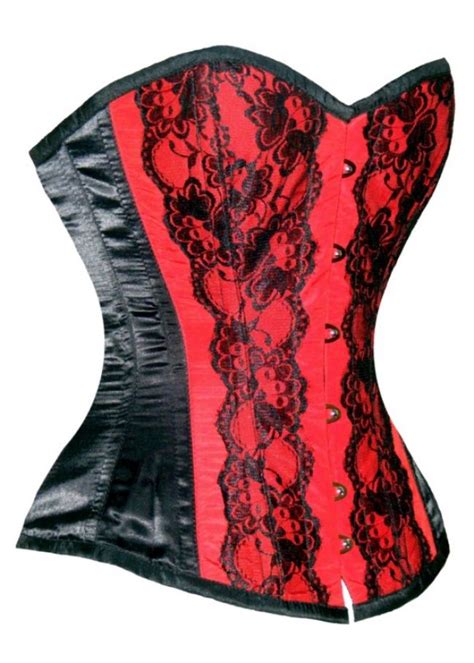 351 Red Black Satin Authentic Steel Boned Overbust Corset With Black Lace Satin Tape Corsets