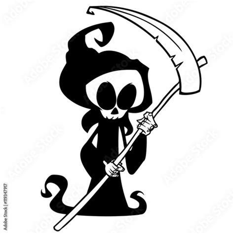 Cartoon Grim Reaper With Scythe Isolated On A White Background Halloween Cute Death Character