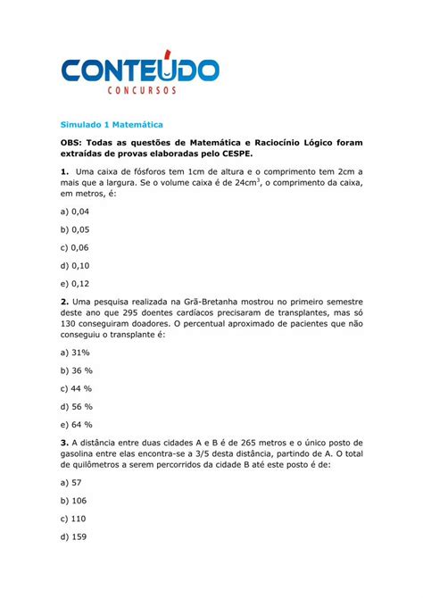 PDF Simulado 1 Matemática OBS Todas as questões de PDF