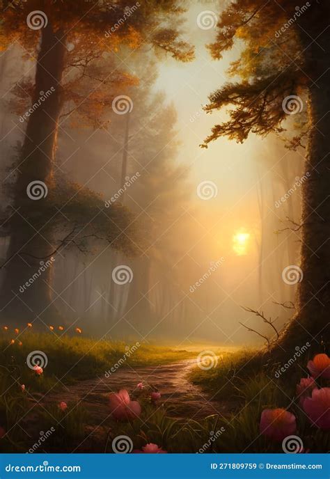 Foggy Forest at Sunrise, Warm Colours Stock Illustration - Illustration ...