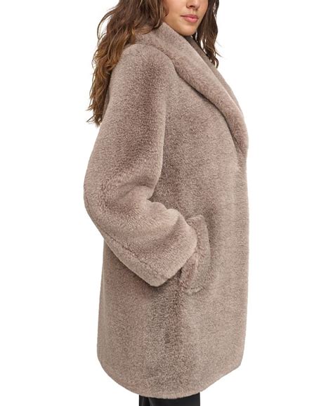 Donna Karan Womens Shawl Collar Faux Fur Coat Macys