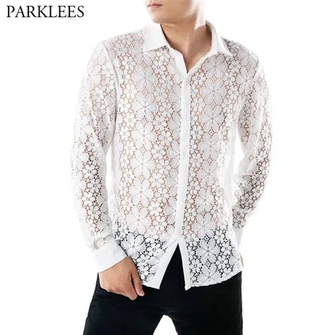 Fancy Flower Embroidery Lace Shirt Men 2018 Brand New Sexy See Through Mens Dress Shirts Club