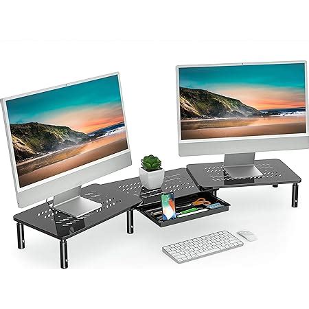 FITUEYES Dual Monitor Stand Black Wood Length Angle Adjustable Screen