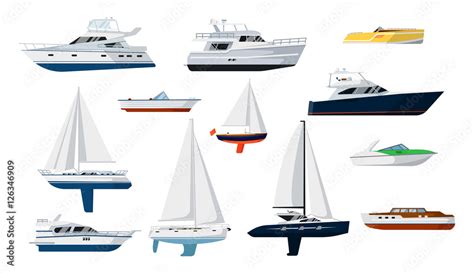 Motorboat and sailboat side view set isolated vector illustration. Ship, pleasure boat ...