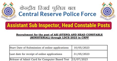 CRPF Recruitment 2023 Assistant Sub Inspector Head Constable