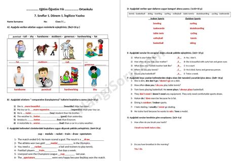 7 Sınıf İngilizce 1 Dönem 1 Yazılı Soruları Açık Uçlu 2024 2025
