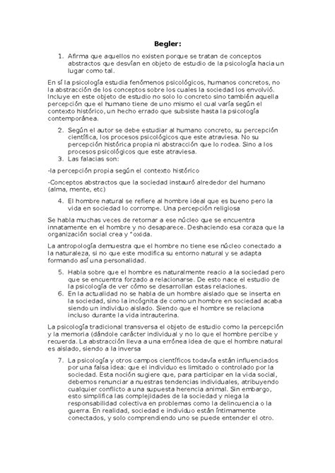 Resumen Psicolog A Primer Parcial Uba Xxi Begler Afirma Que