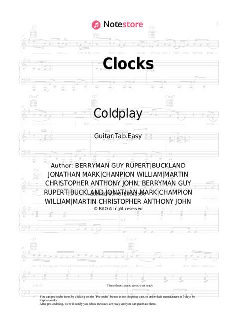 Clocks Tabs Easy Guitar Coldplay In Note Store Guitar Tab Easy