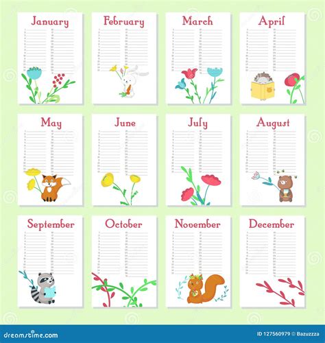 Planner Calendar Vector Template with Cute Animals Stock Vector - Illustration of calendar ...