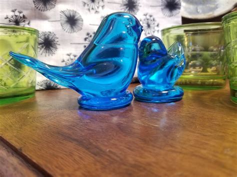 Vintage Leo Ward Glass Bluebirds Of Happiness In Two Sizes Signed On