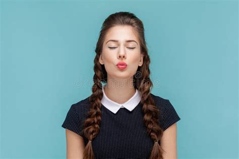 Romantic Flirting Woman Standing With Closed Eyes And Pout Lips