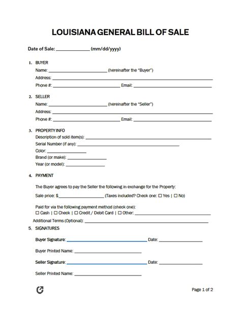 Free Louisiana General Bill Of Sale Form PDF WORD RTF