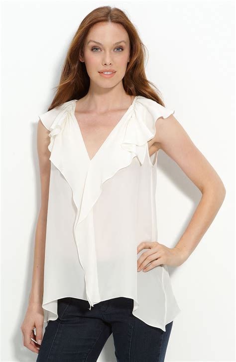 Bcbgmaxazria Drea Silk Ruffle Neck Top In White Lyst