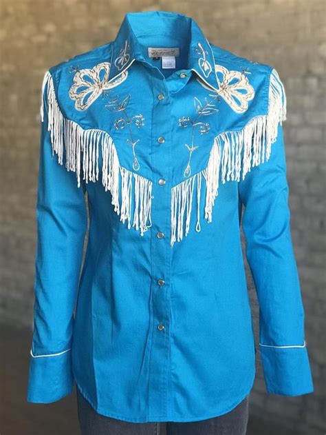 Womens Vintage Fringe Turquoise Embroidered Western Shirt Western