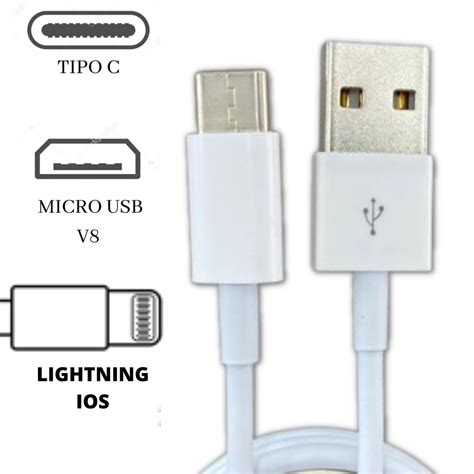 Cabo Carregador Tipo C Lightning Ios V8 Micro USB 1 Metro Branco