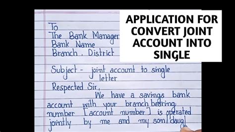 Application For Convert Joint Account Into Single Account Letter To