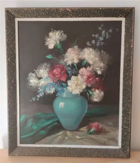 Tableau Huile Sur Toile Nature Morte Bouquet De Fleurs Xx Me Eur