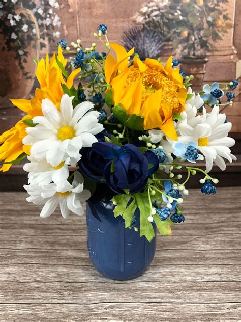 Artificial Navy Sunflower And Daisy Bridal Bouquets Blue Etsy