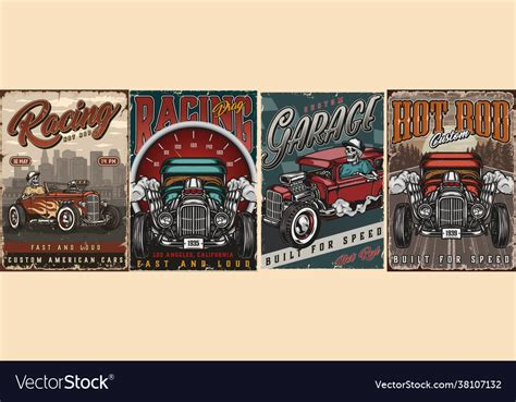 Custom Cars Vintage Colorful Posters Royalty Free Vector