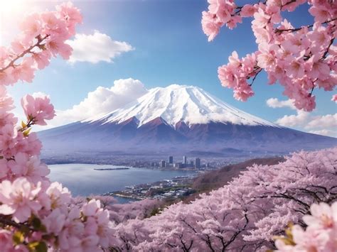 Premium AI Image | Fuji mountain and cherry blossoms in spring japan