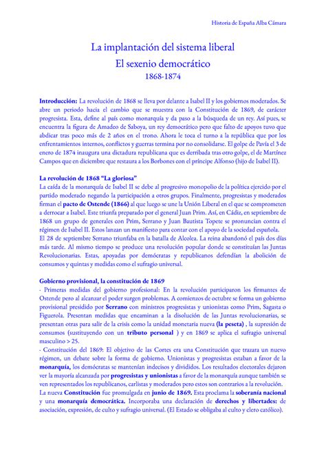 Sexenio democrático Historia de España Alba Cámara La implantación