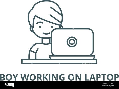 Boy working on laptop line icon, vector. Boy working on laptop outline ...