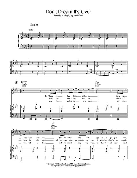 Crowded House "Don't Dream It's Over" Sheet Music for Piano Solo ...