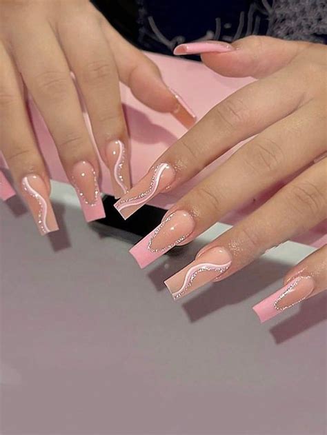 Transform Your Nails With 24pcs Long Square Pink French Style Y2k Flame