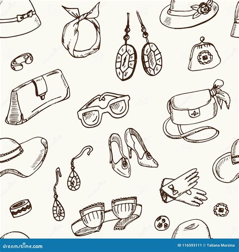 Womens Accessories Hand Drawn Doodle Seamless Pattern Sketches Stock