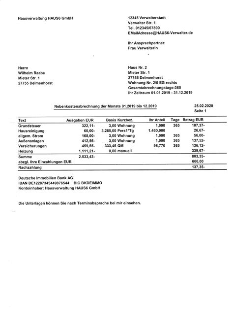 Muster Der Nebenkostenabrechnungen F R Gewerbe Und Private Mieter Muster
