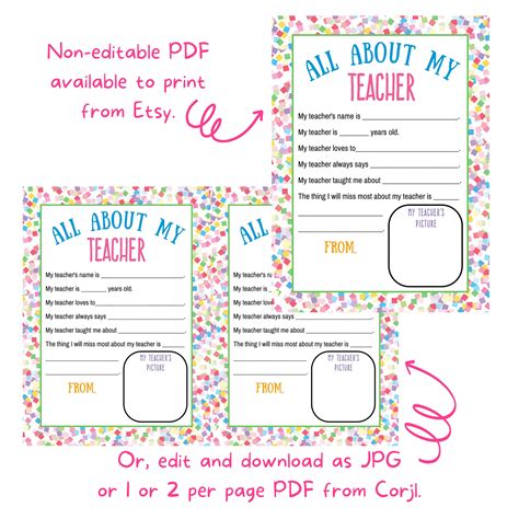 All About My Teacher Printable Card Student Questionnaire Teacher Thank