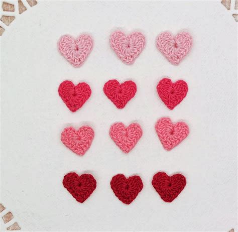 Crochet Hearts Applique Tiny 12 Pcs Pink Red Scrapbook Cardmaking