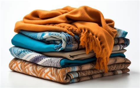 Premium Photo Stack Of Blankets And Scarves On A Table