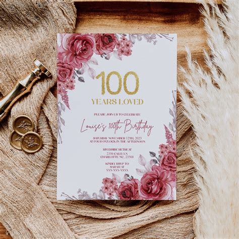 100th Birthday Invitations Printable 100th Birthday Party Invitation