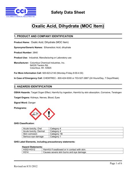 Safety Data Sheet Oxalic Acid Dihydrate Moc Item