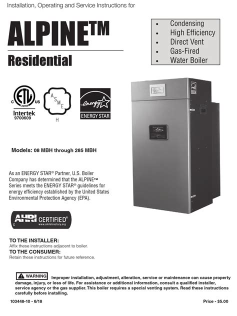 U S Boiler Company Alpine Alp B Installation Operating And Service