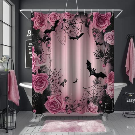 Premium Gothic Floral Shower Curtain Set Hyperrealistic Pink Bat