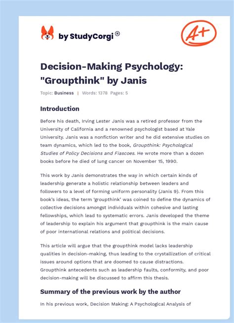 Decision-Making Psychology: "Groupthink" by Janis | Free Essay Example