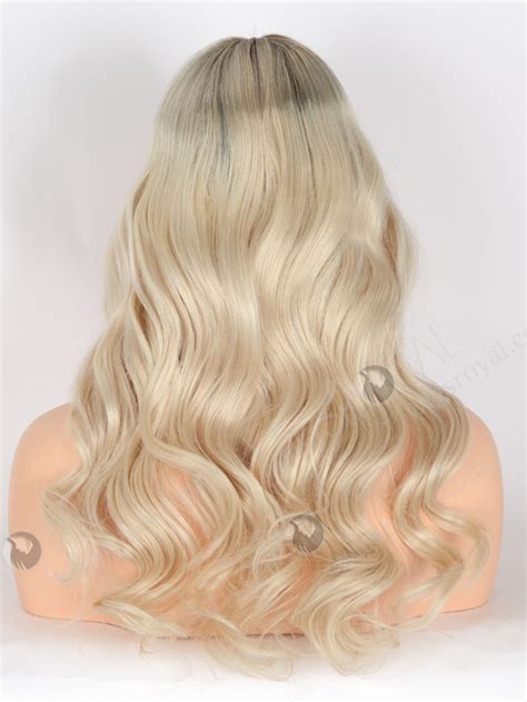 Brown Roots Long Wavy Platinum Blonde Lace Front Wigs 100 Human Hair