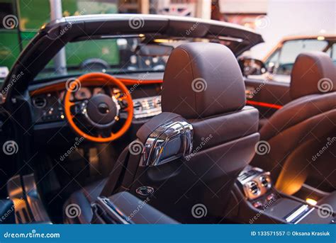 Luxury Convertible Car Interior. Steering Wheel, Shift Lever and ...